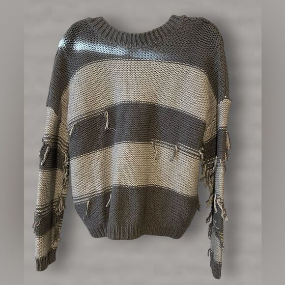 Anthropologie | Cashmere grey stripe distressed v-neck sweater NWT size XS - Picture 4 of 10